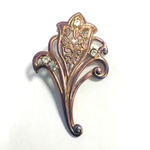 Vintage Rhinestone Crystal Dusty Bronze Tone Art Deco Nouveau Brooch Evening Pin
